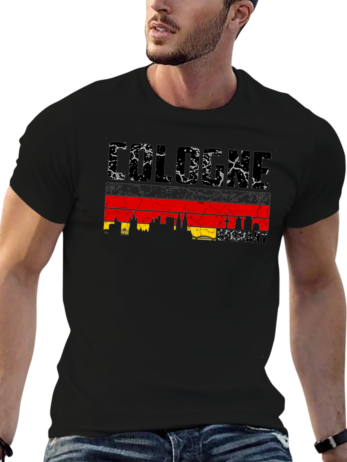 Cologne Skyline T-Shirt - Black Distressed Graphic Tee