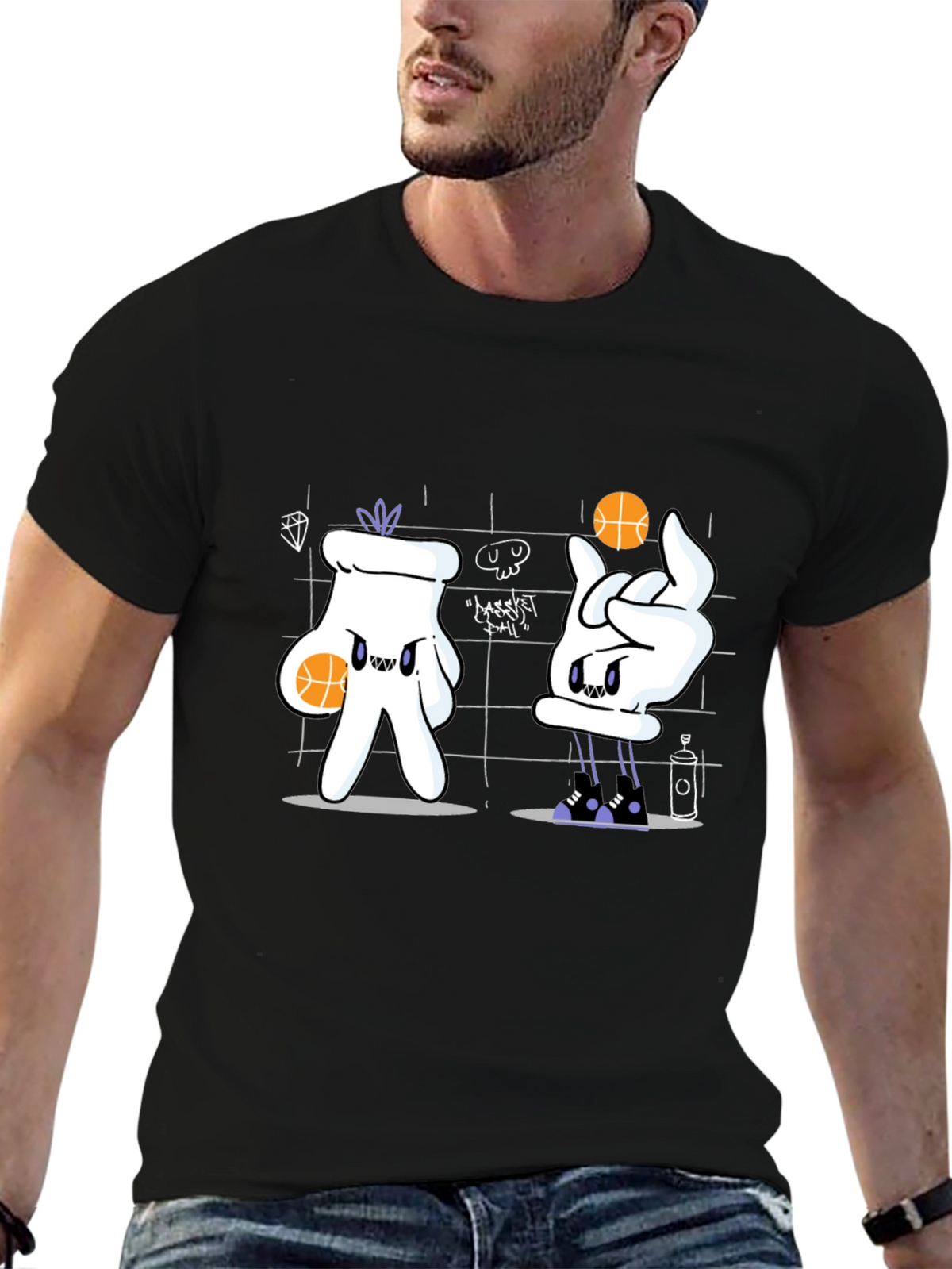 Basketball Cartoon Graphic Tee - Black