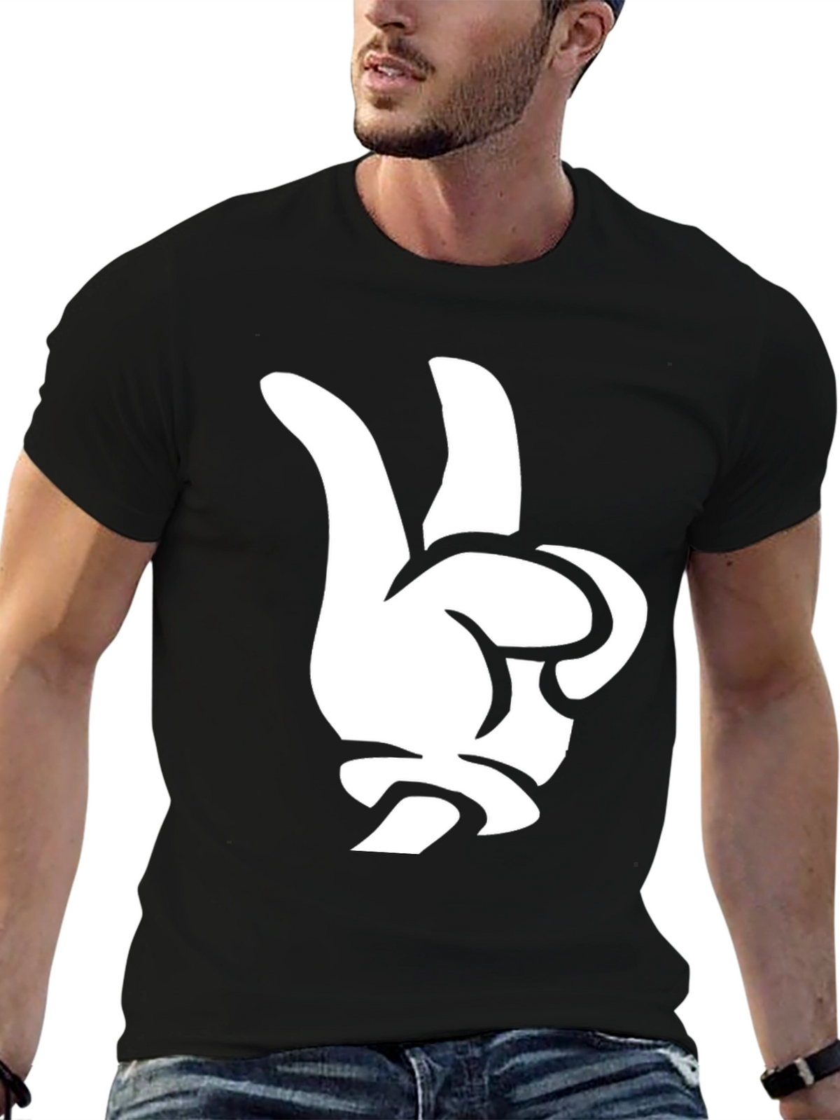 Cool Cartoon Glove Peace Sign Black T-Shirt