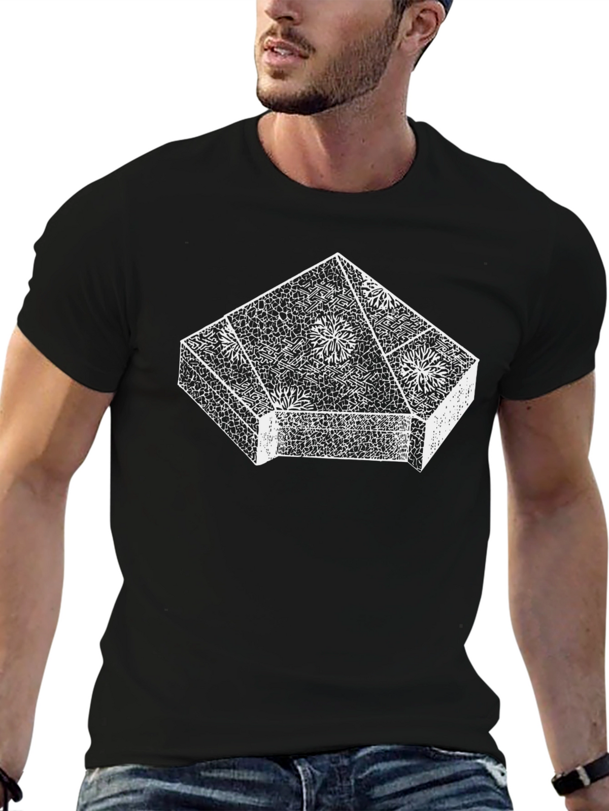 Geometric Floral Print Black T-Shirt