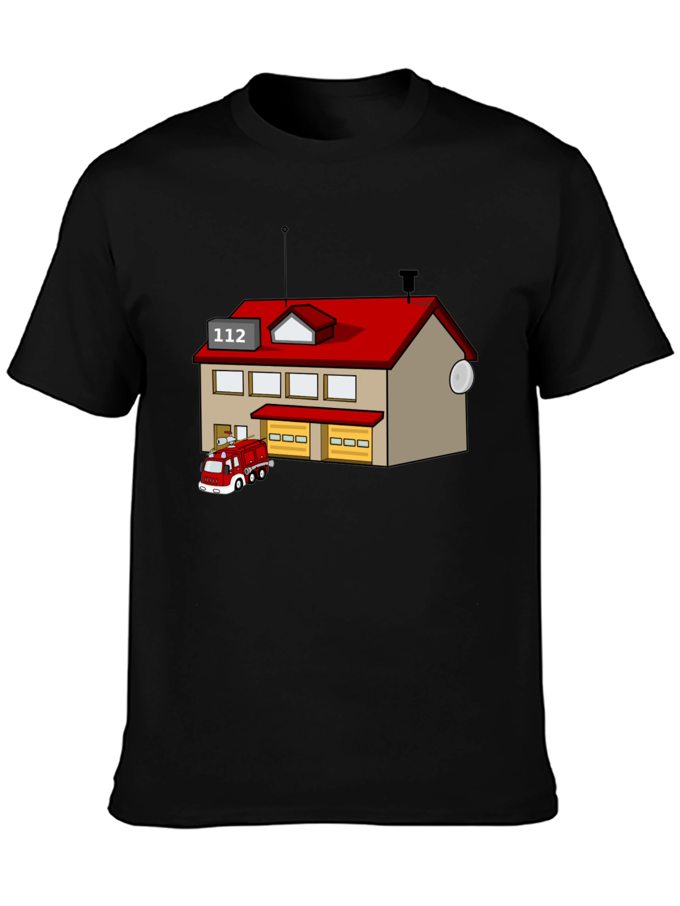 Cartoon Fire Station Black T-Shirt