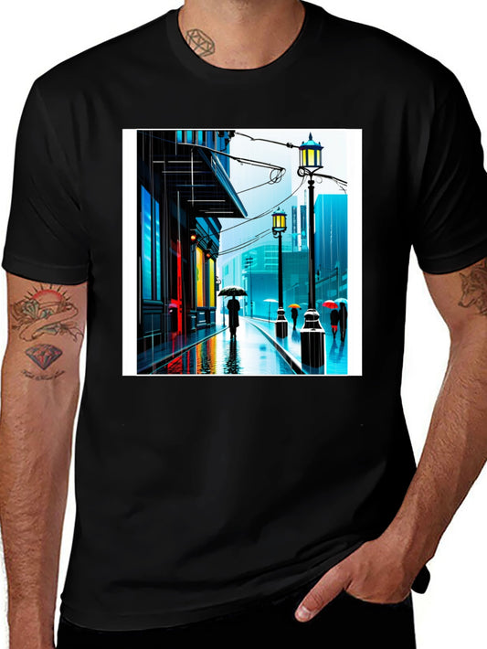 Rainy City Street Graphic Tee - Stylish Black T-Shirt