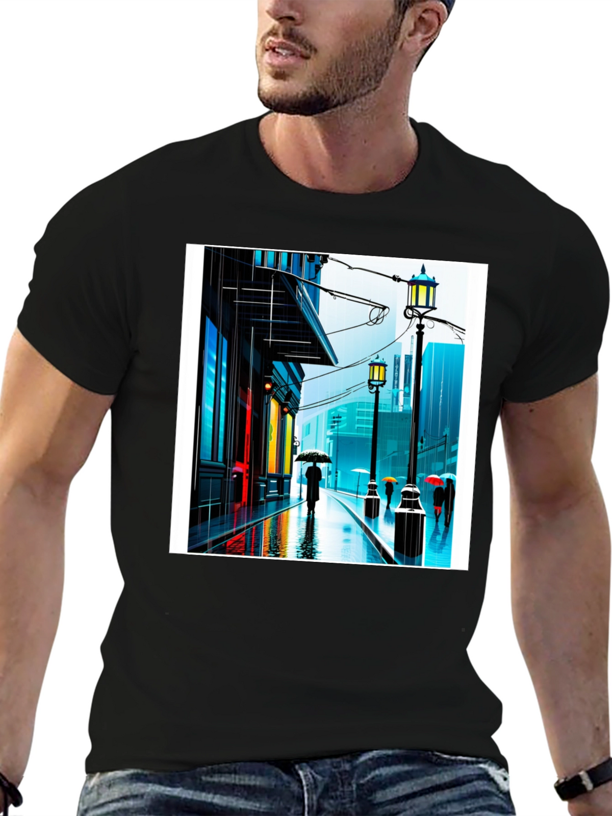 Rainy City Street Graphic Tee - Stylish Black T-Shirt