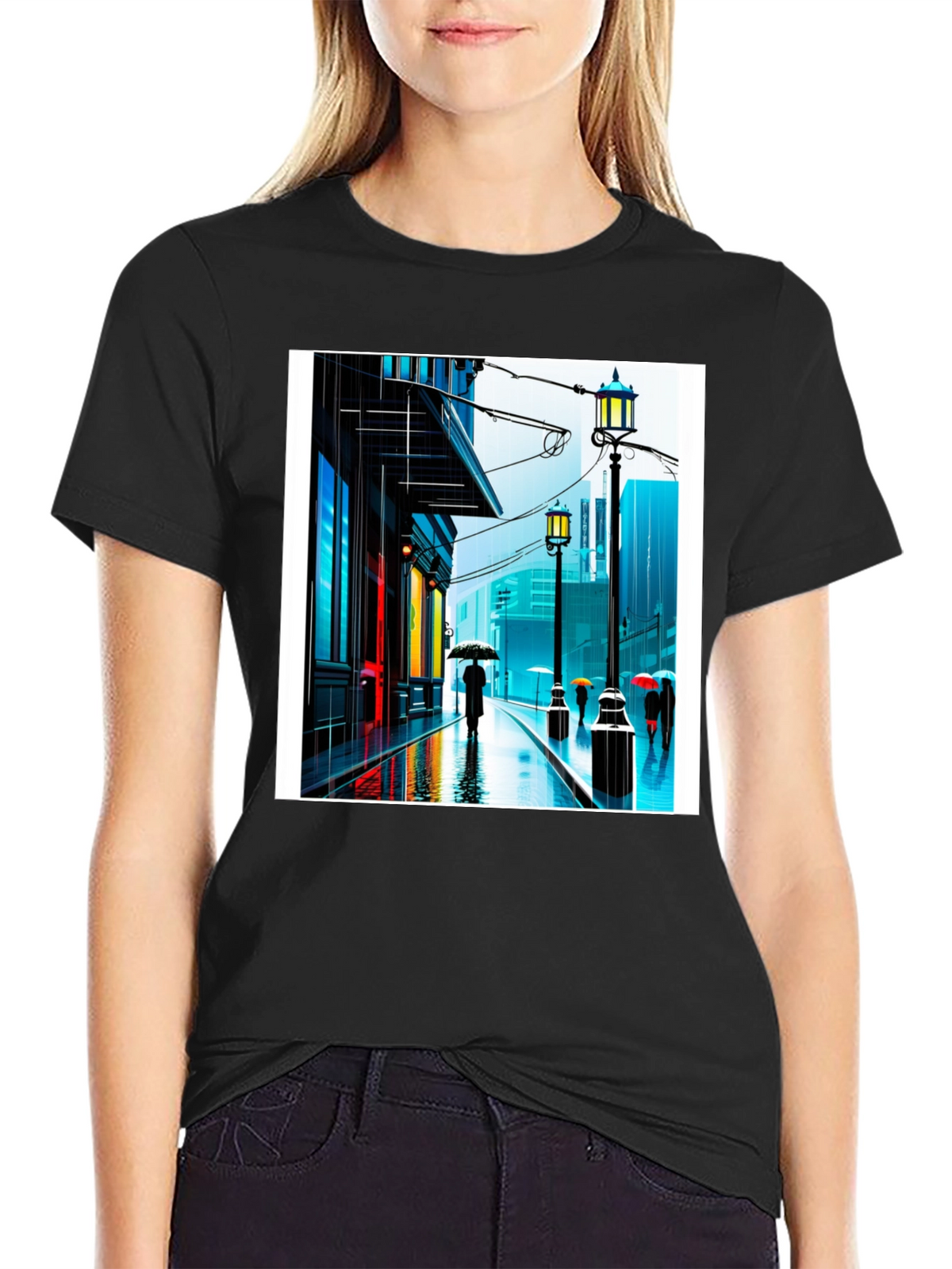 Rainy City Street Graphic Tee - Stylish Black T-Shirt