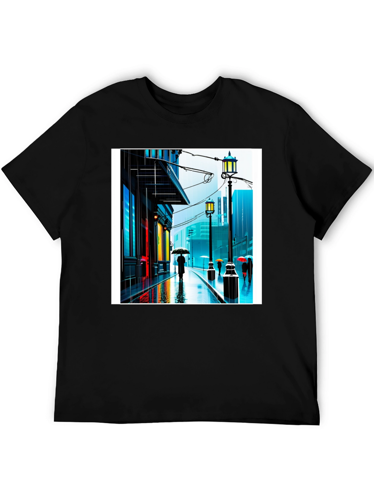 Rainy City Street Graphic Tee - Stylish Black T-Shirt