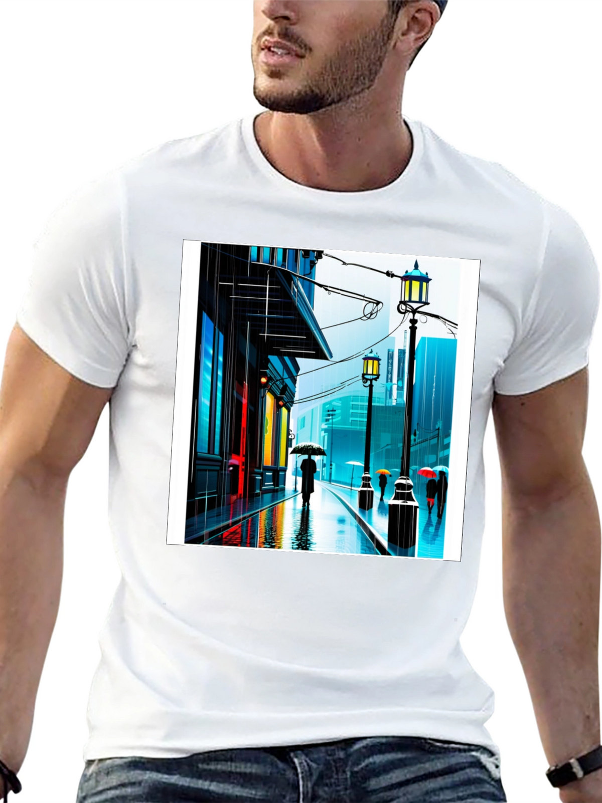 Rainy City Street Graphic Tee - Stylish Black T-Shirt