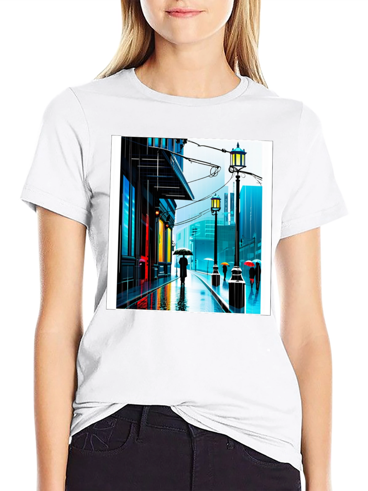 Rainy City Street Graphic Tee - Stylish Black T-Shirt
