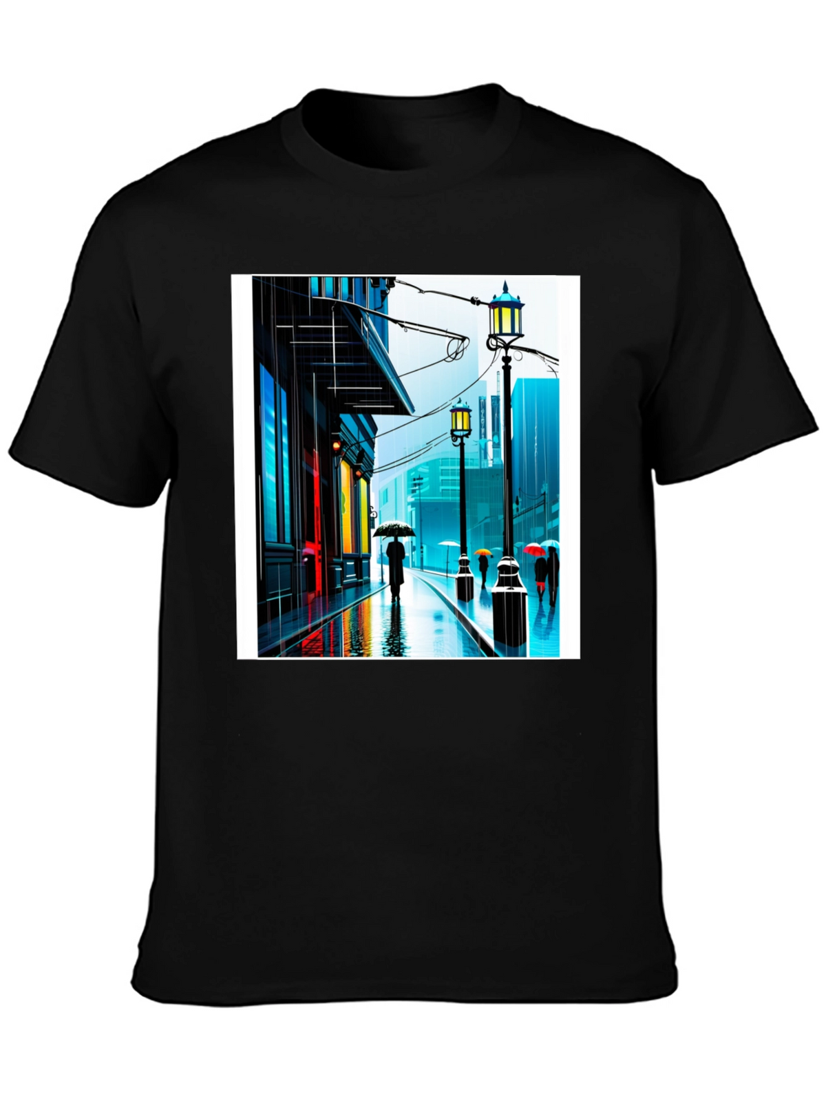 Rainy City Street Graphic Tee - Stylish Black T-Shirt