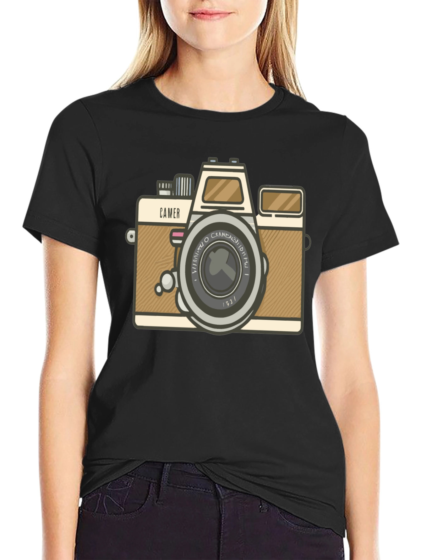 Retro Camera Graphic Tee - Black Cotton T-Shirt