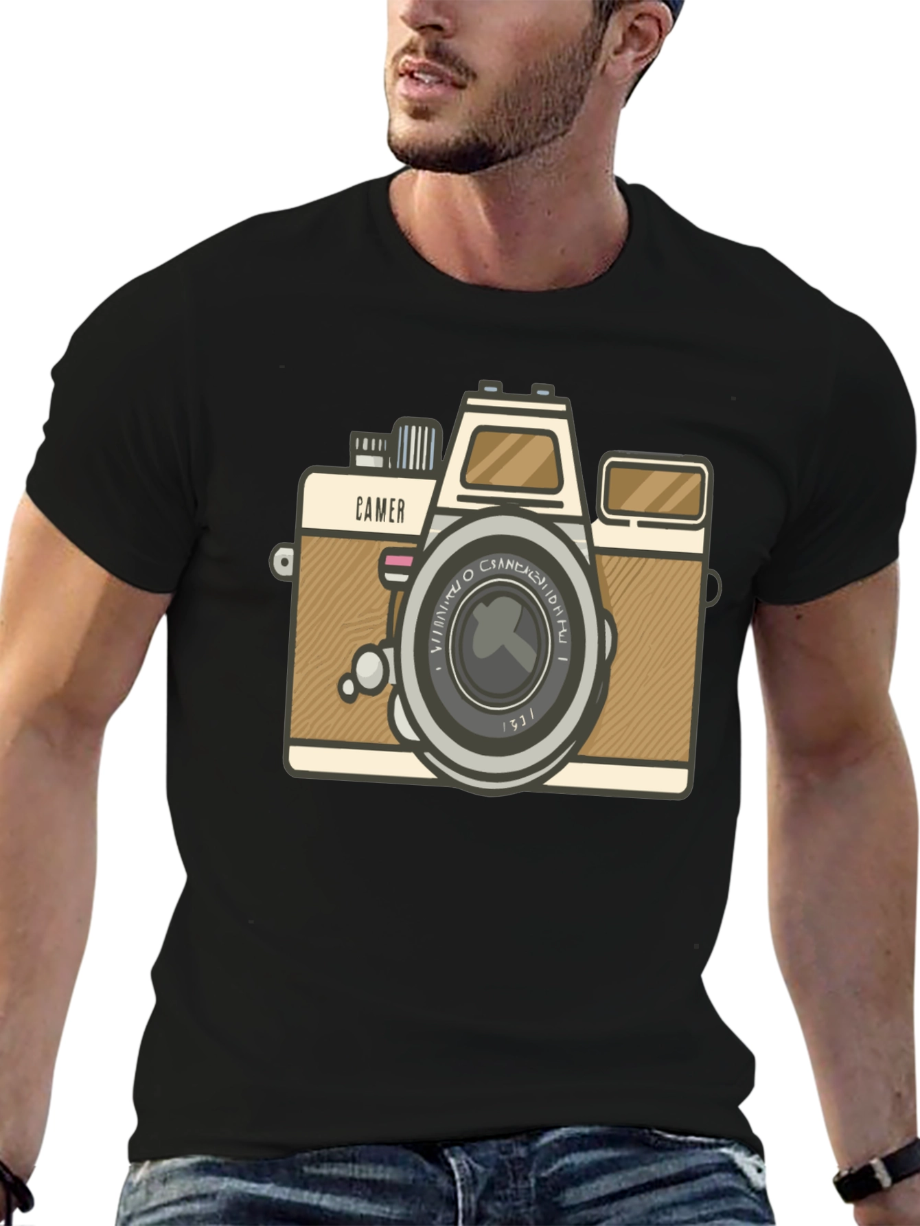 Retro Camera Graphic Tee - Black Cotton T-Shirt