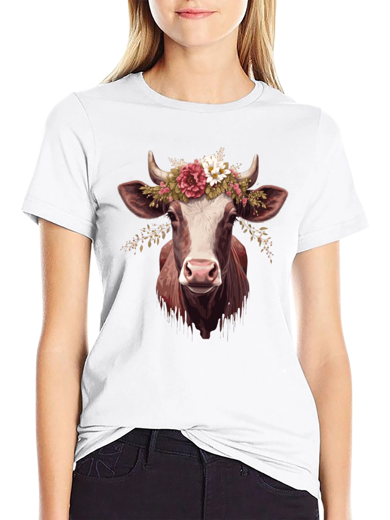 Cow with Flower Crown Graphic T-Shirt