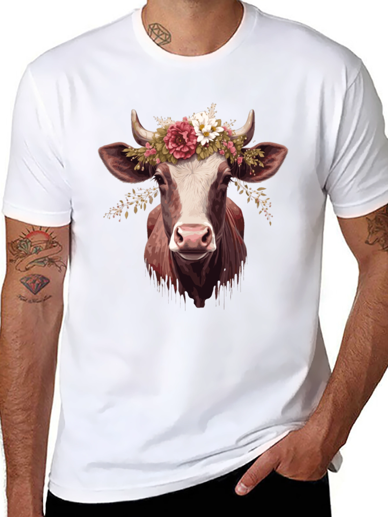 Cow with Flower Crown Graphic T-Shirt