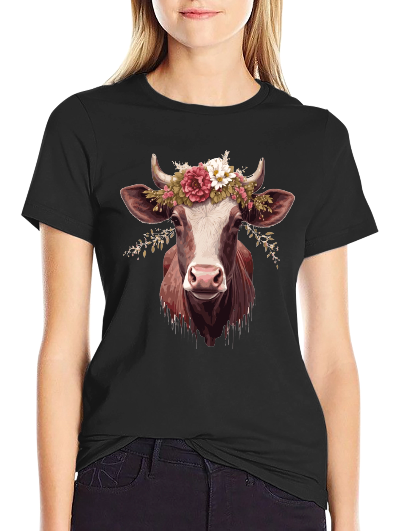 Cow with Flower Crown Graphic T-Shirt