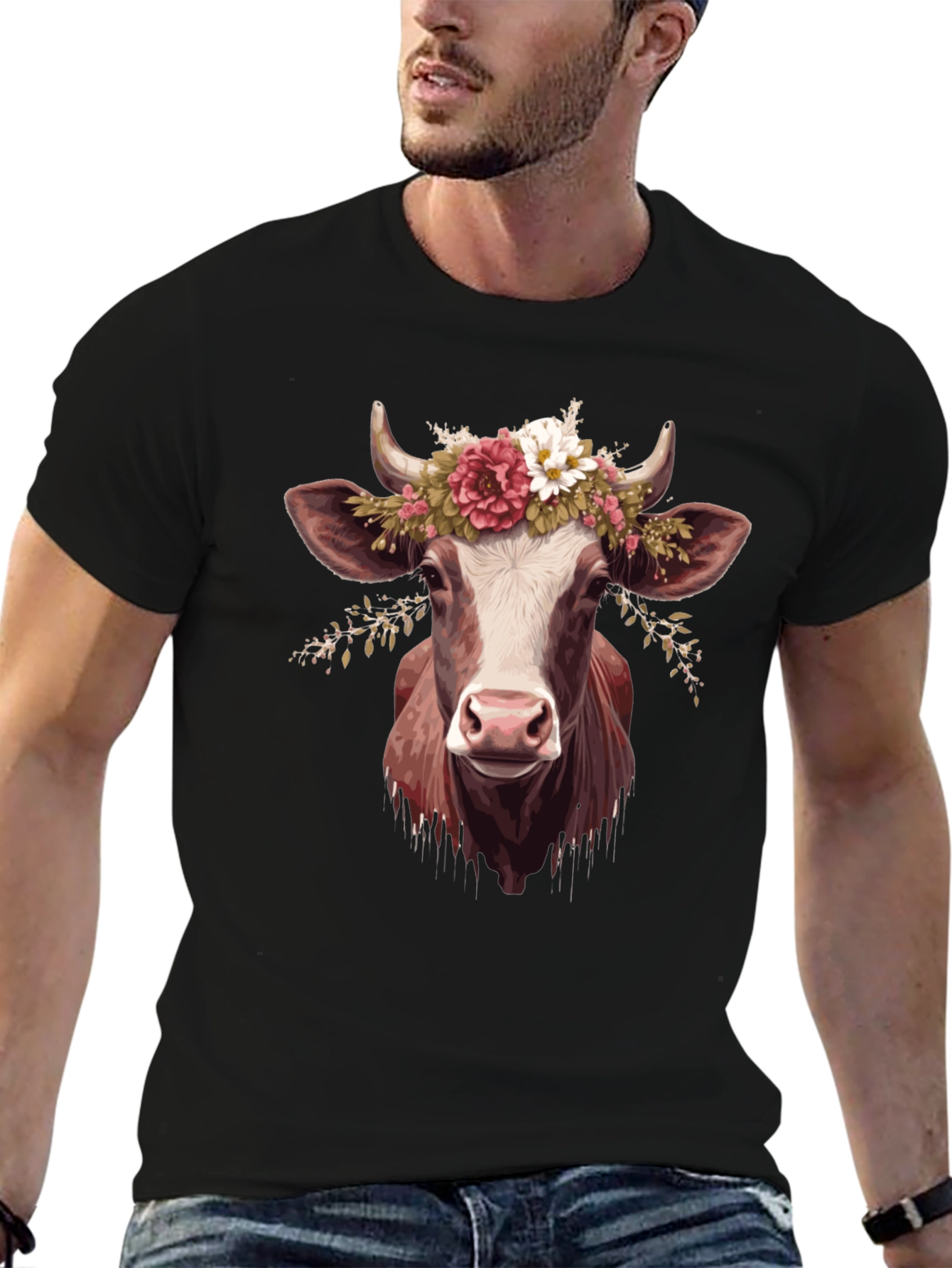 Cow with Flower Crown Graphic T-Shirt