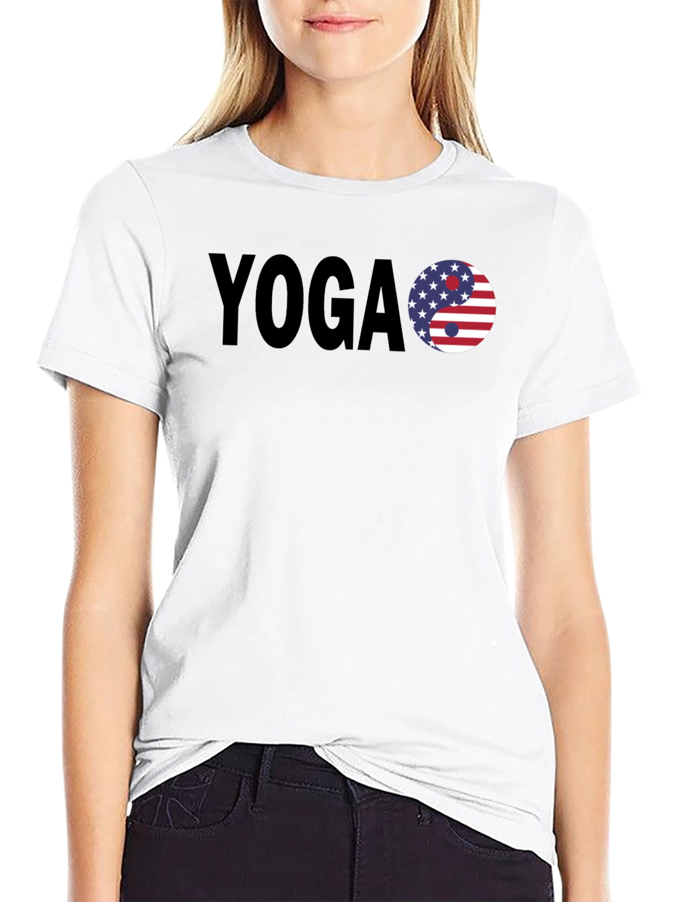 Yoga USA Flag Yin Yang Graphic Black T-Shirt