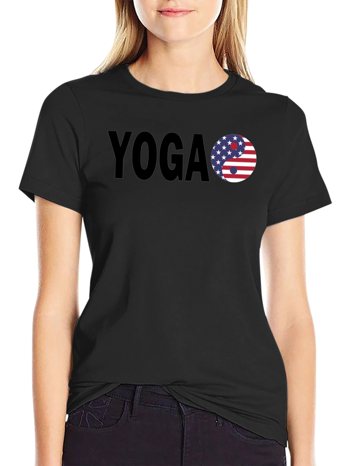 Yoga USA Flag Yin Yang Graphic Black T-Shirt