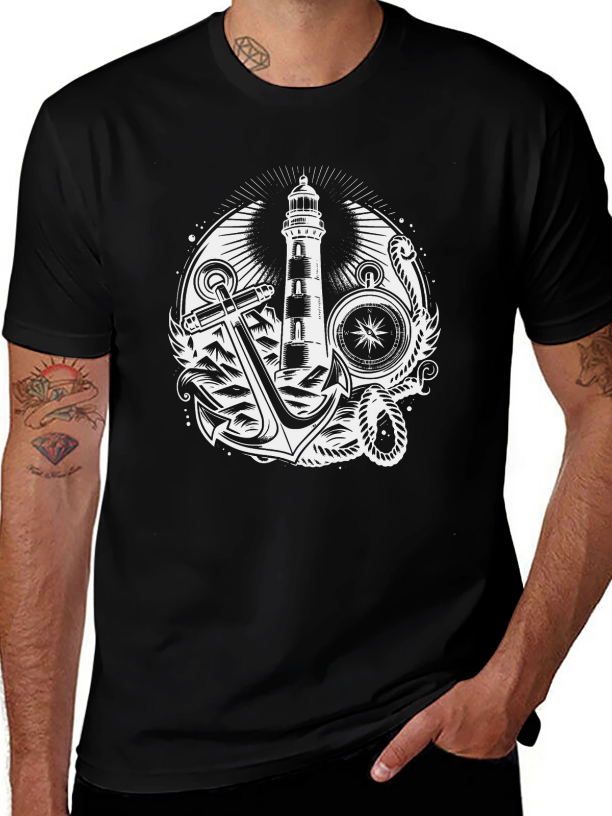 Nautical Lighthouse Anchor Graphic T-Shirt