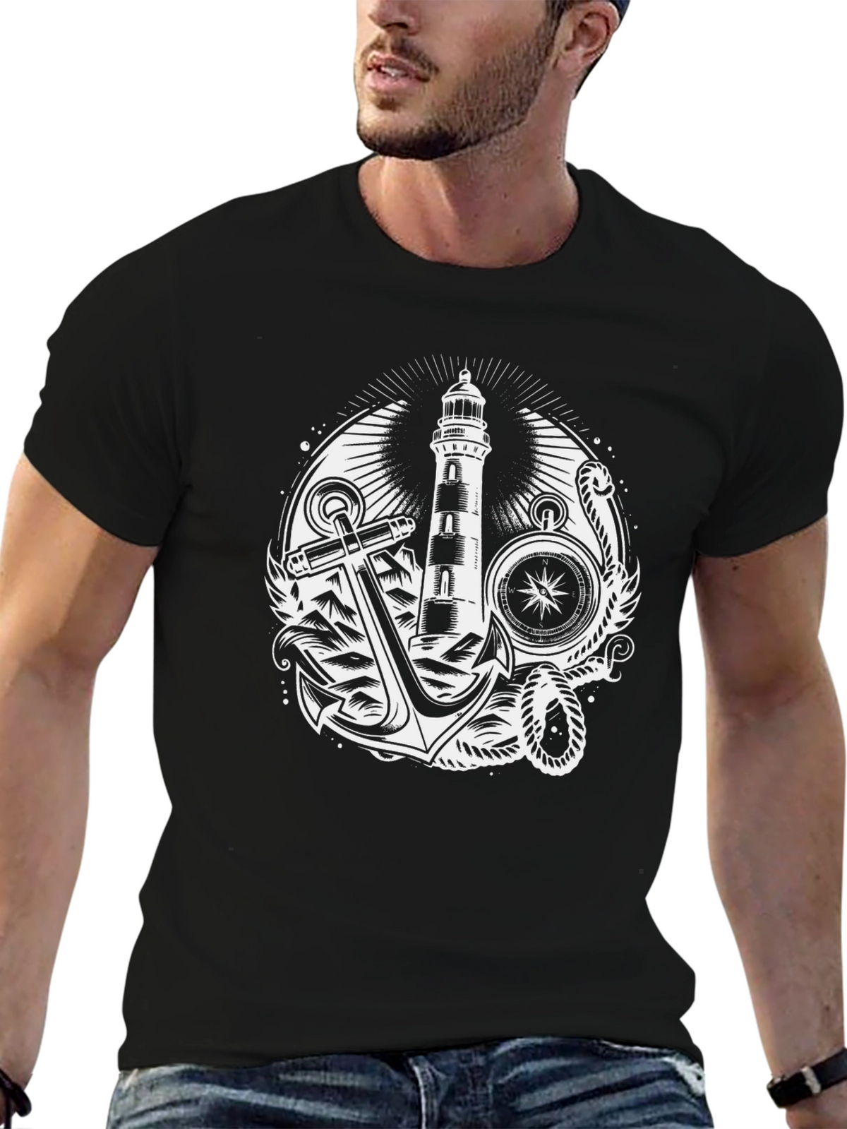 Nautical Lighthouse Anchor Graphic T-Shirt