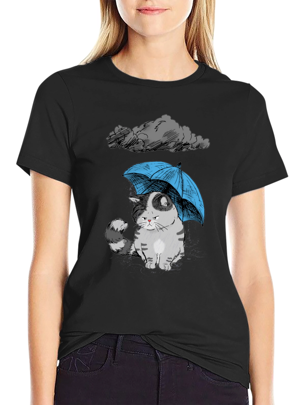 Sad Cat Under Umbrella Graphic T-Shirt