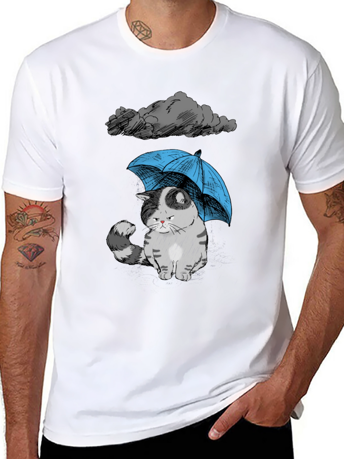 Sad Cat Under Umbrella Graphic T-Shirt