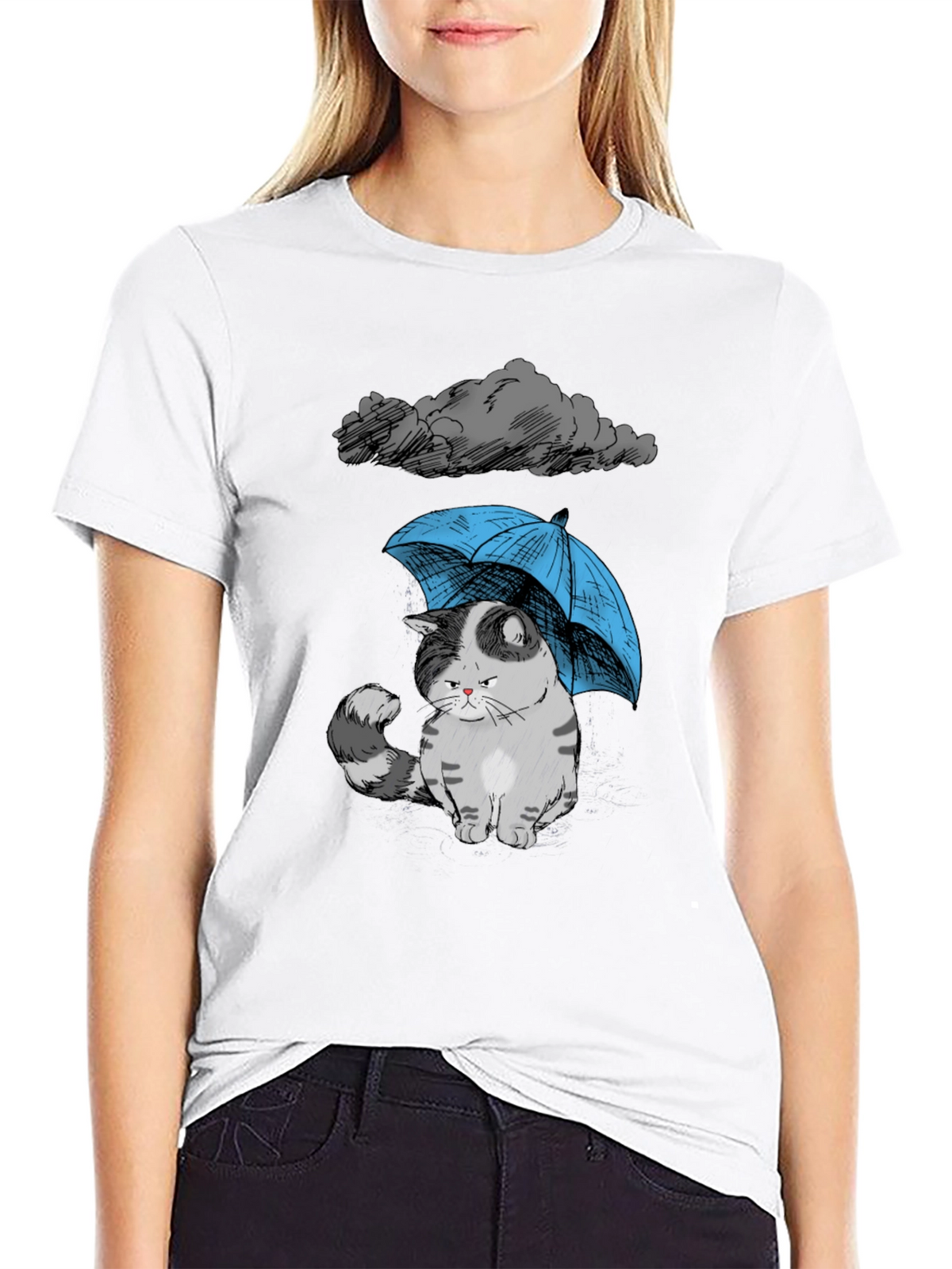 Sad Cat Under Umbrella Graphic T-Shirt