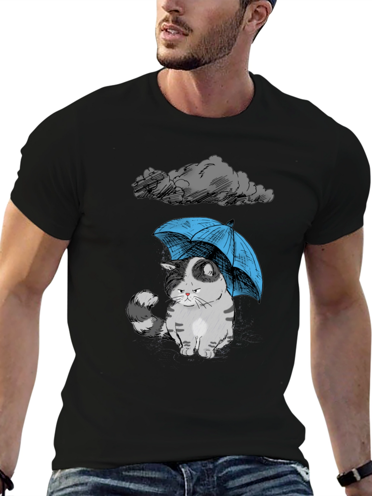 Sad Cat Under Umbrella Graphic T-Shirt