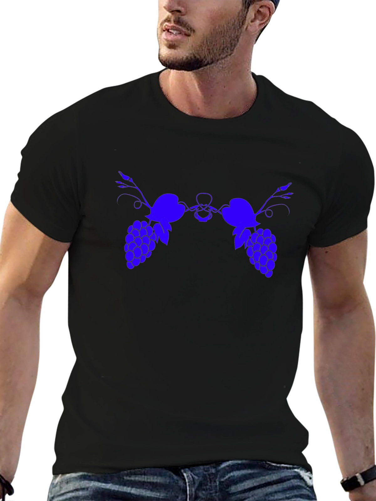 Blue Grape Graphic Print Black T-Shirt