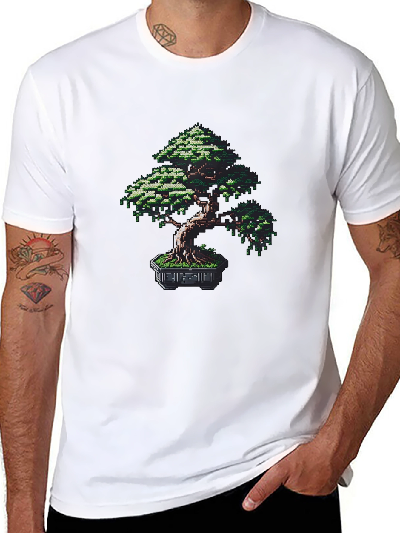 Pixel Bonsai Tree Graphic Tee - Black Cotton Blend