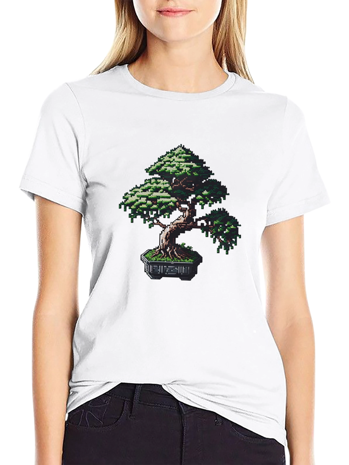 Pixel Bonsai Tree Graphic Tee - Black Cotton Blend