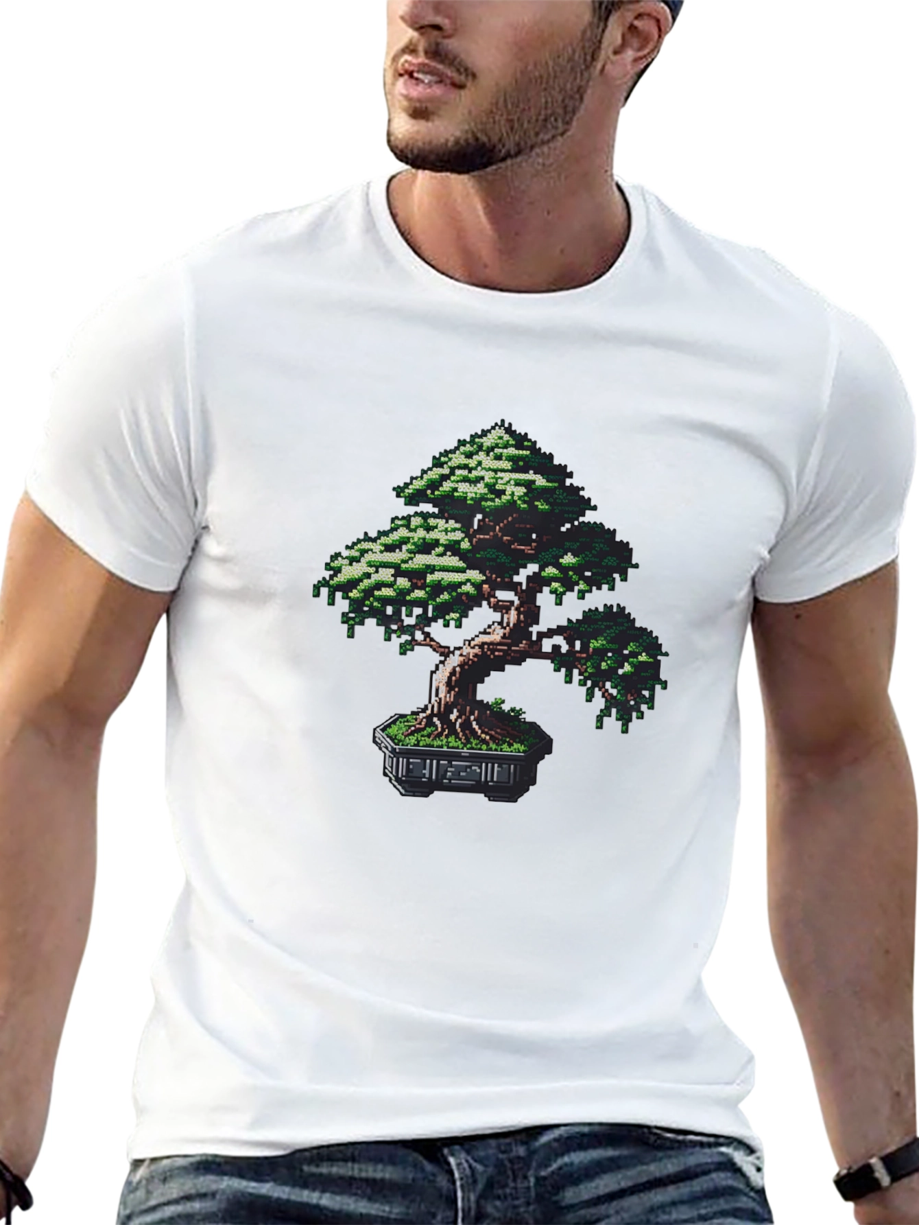 Pixel Bonsai Tree Graphic Tee - Black Cotton Blend