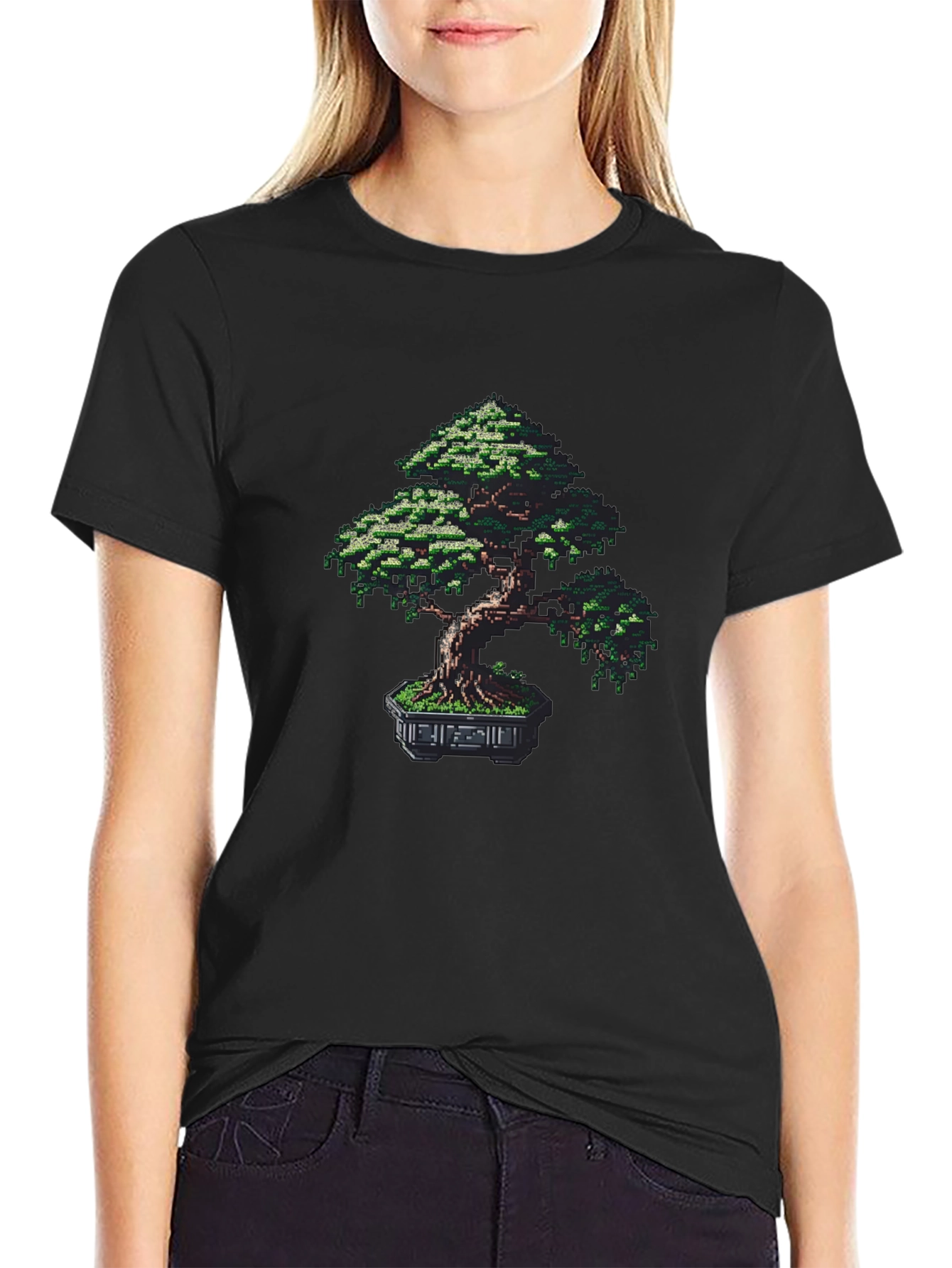 Pixel Bonsai Tree Graphic Tee - Black Cotton Blend