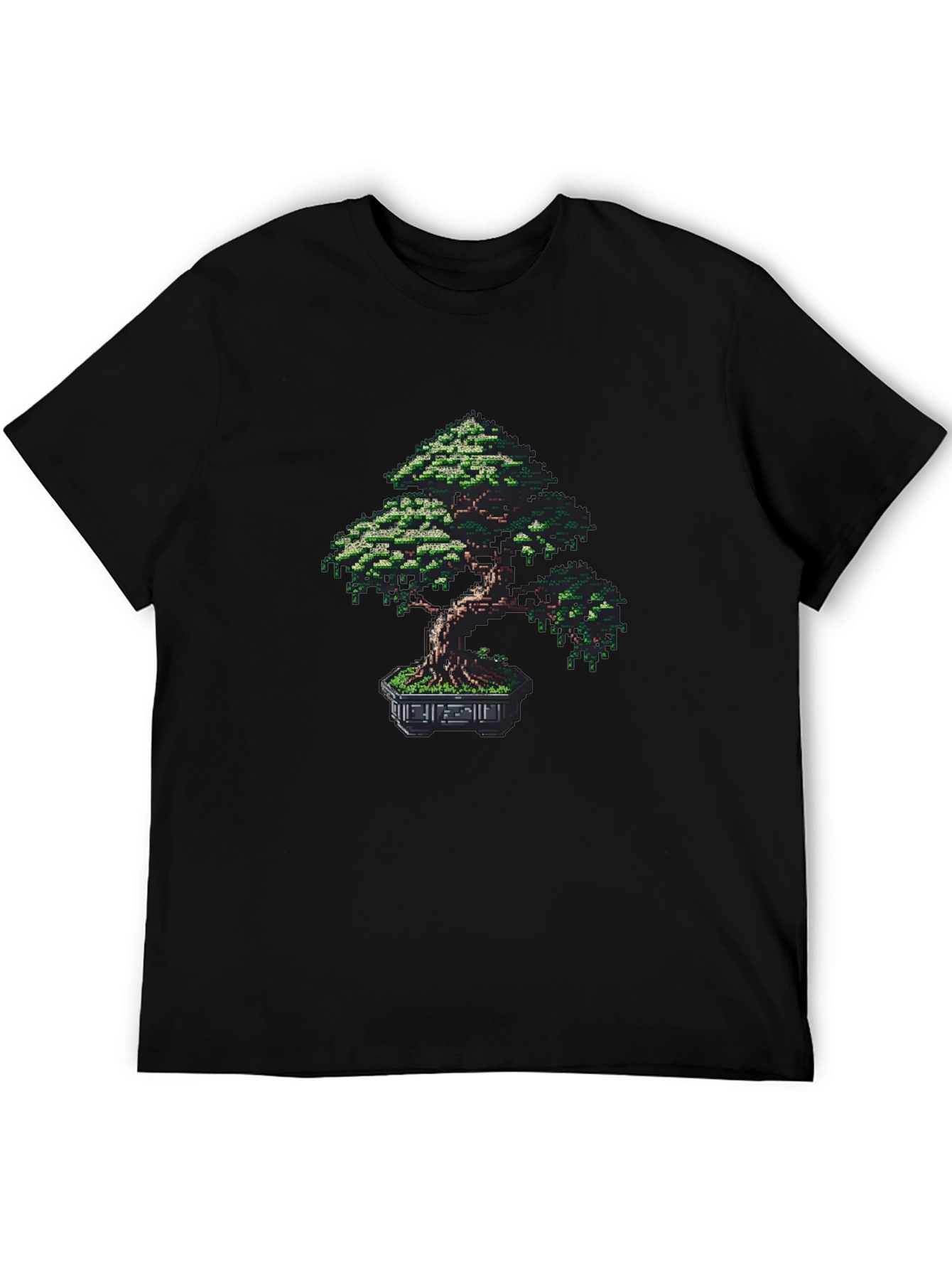 Pixel Bonsai Tree Graphic Tee - Black Cotton Blend