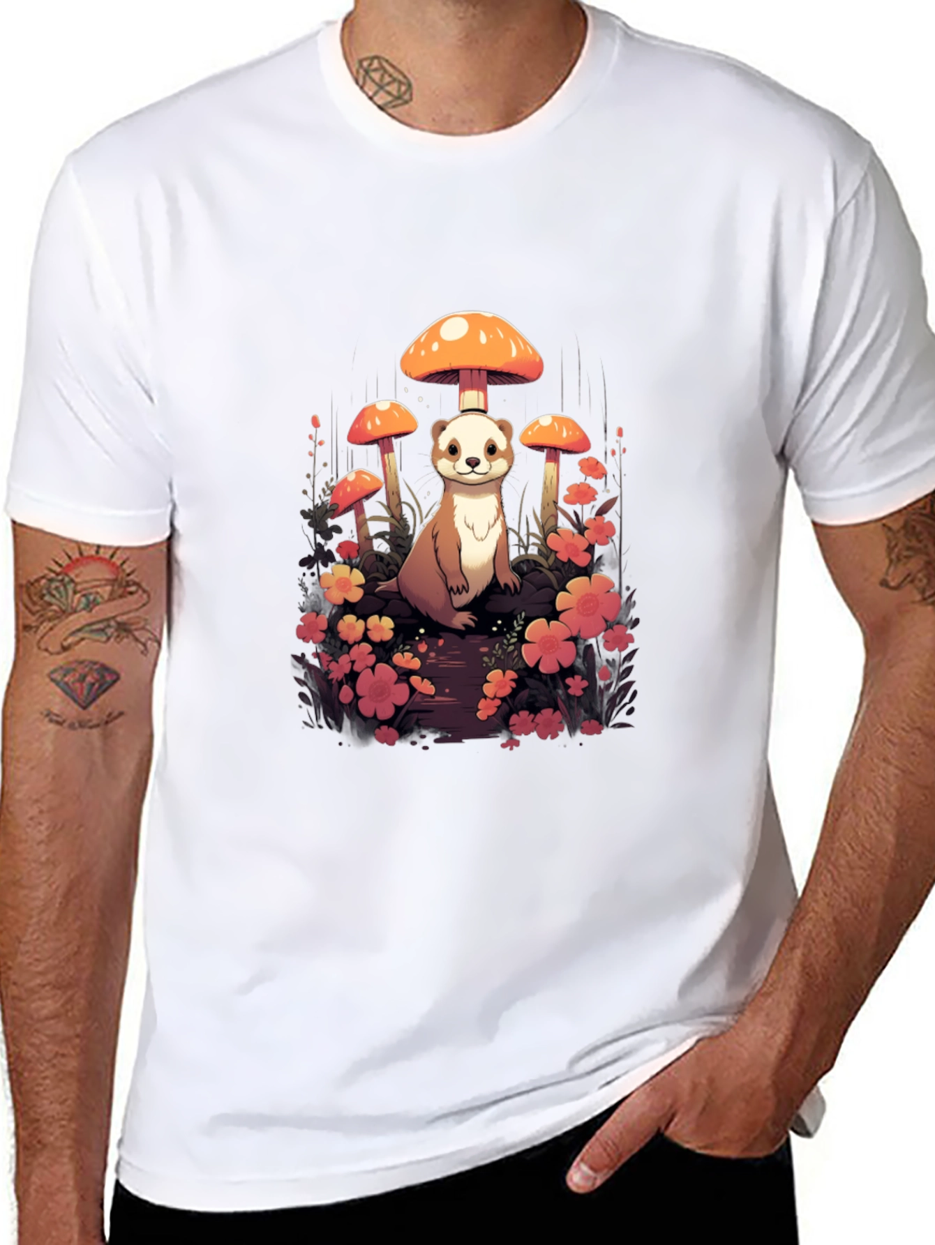 Whimsical Ferret and Mushroom Graphic T-Shirt