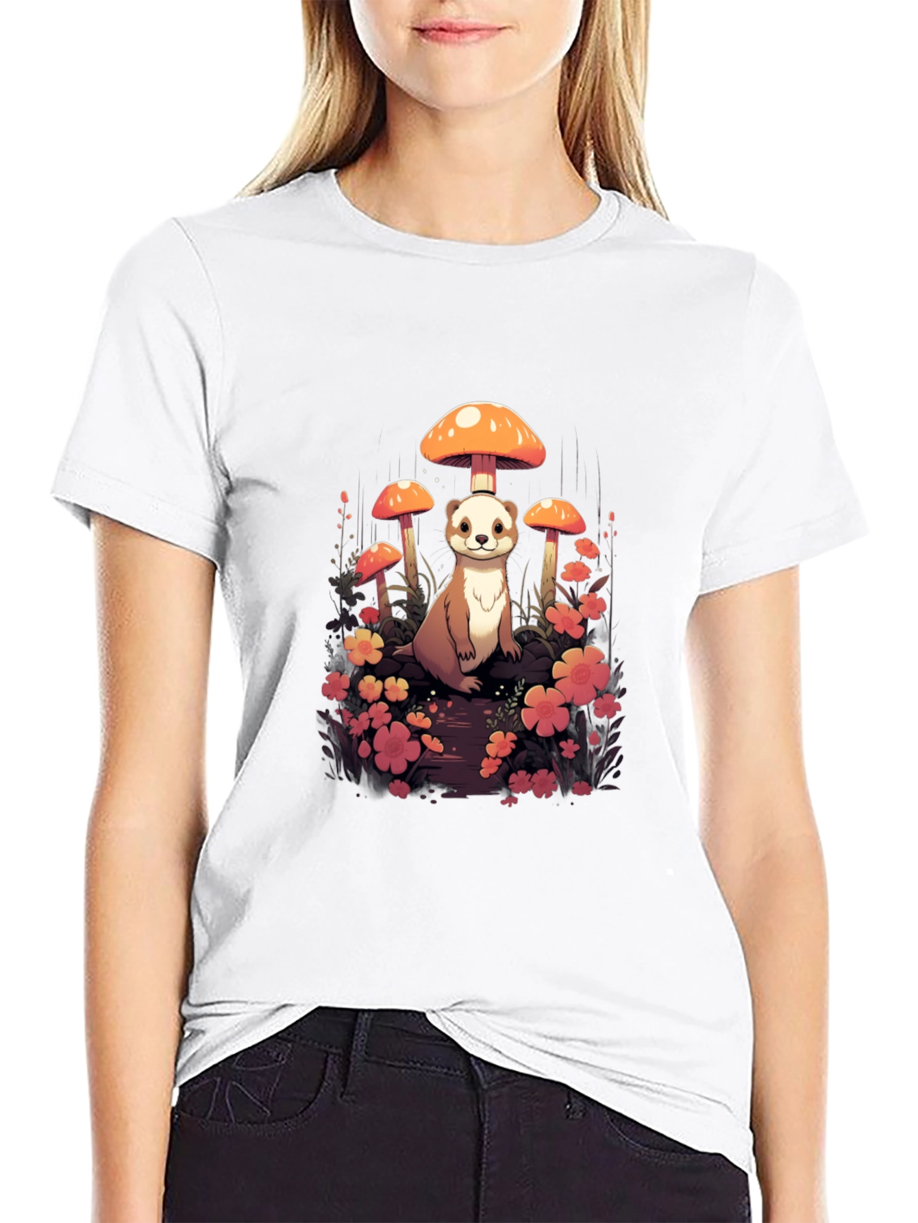Whimsical Ferret and Mushroom Graphic T-Shirt