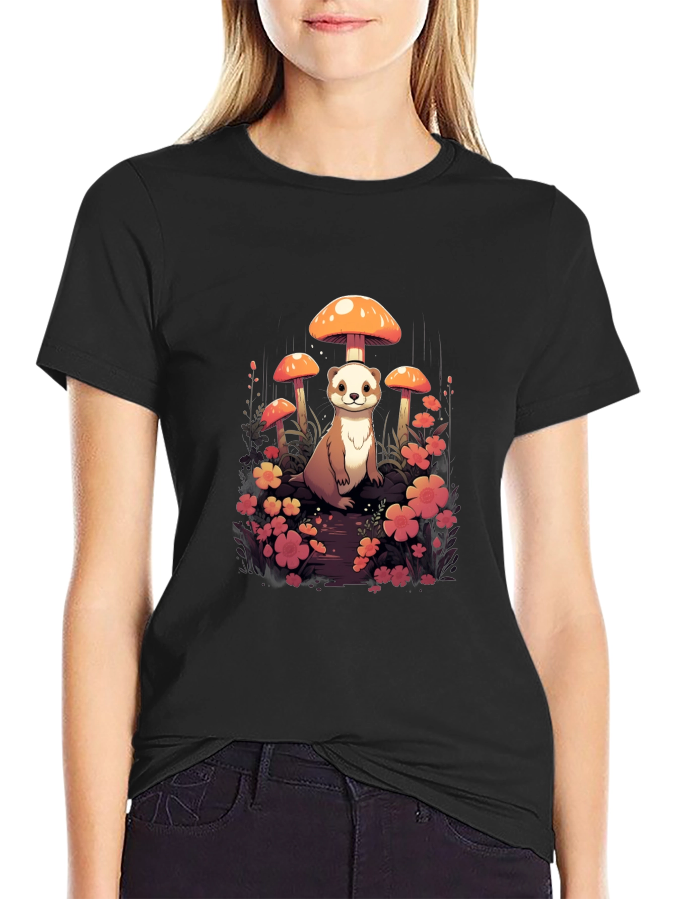 Whimsical Ferret and Mushroom Graphic T-Shirt