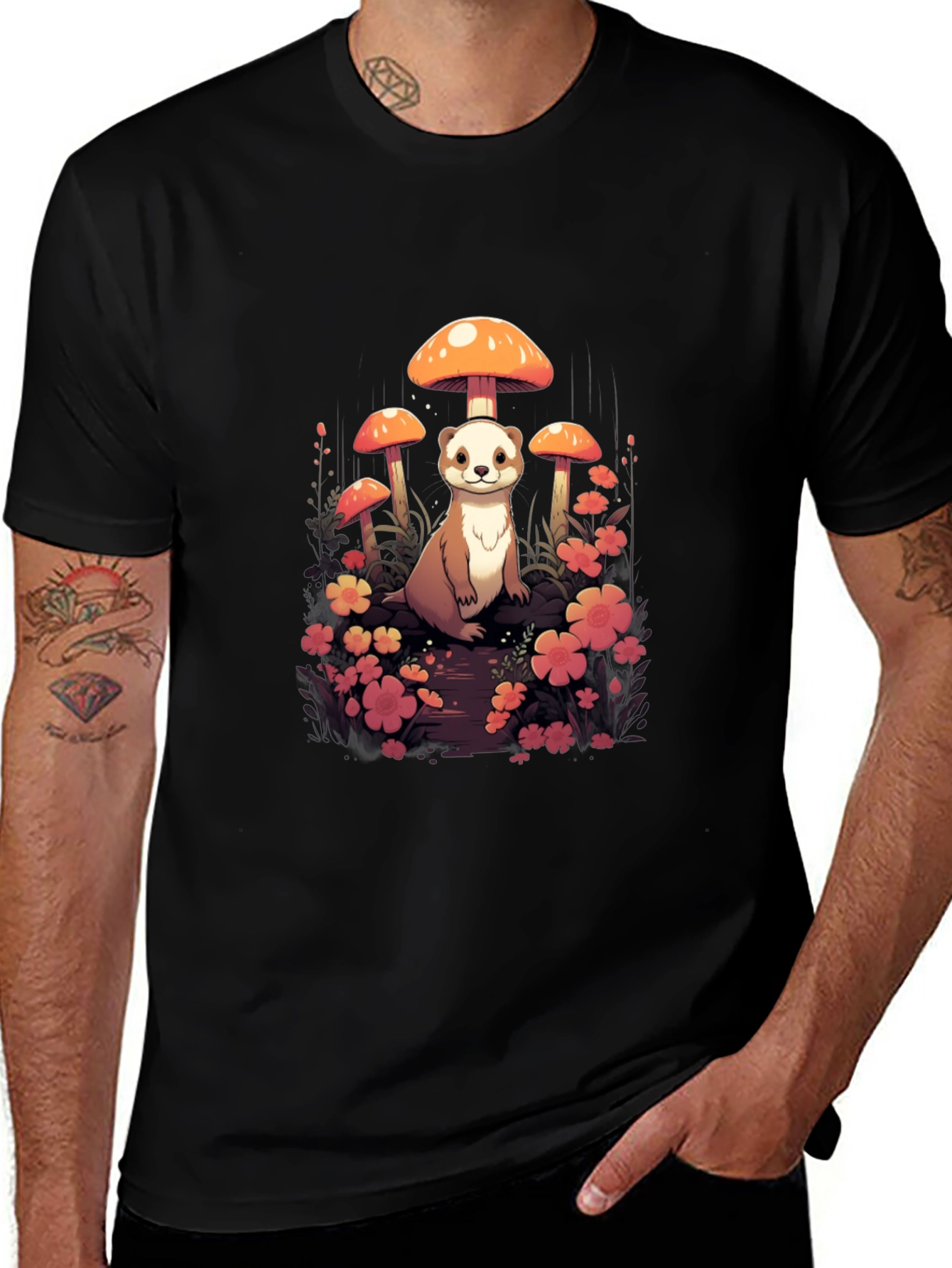 Whimsical Ferret and Mushroom Graphic T-Shirt