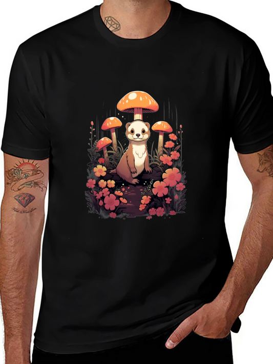 Whimsical Ferret and Mushroom Graphic T-Shirt