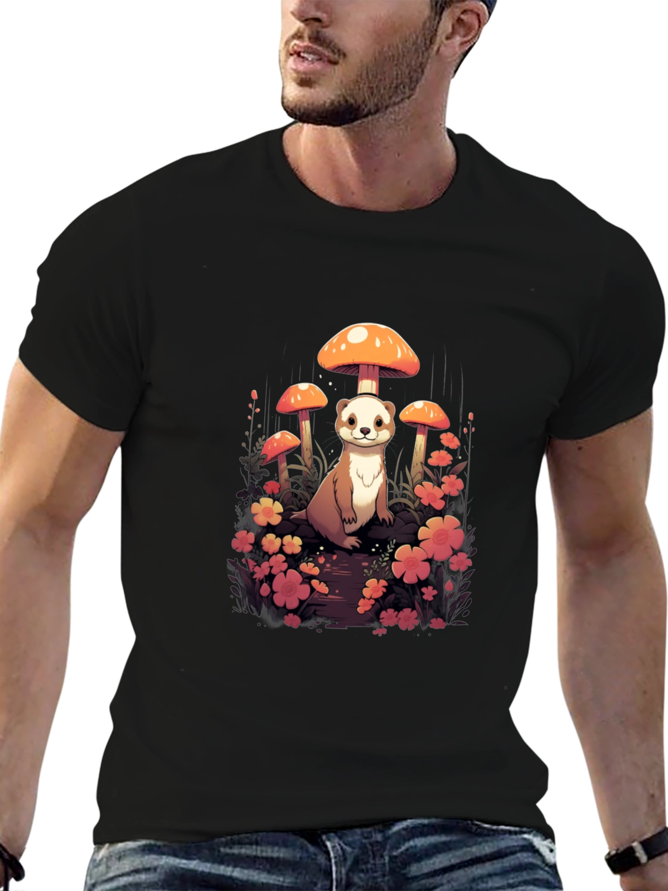 Whimsical Ferret and Mushroom Graphic T-Shirt