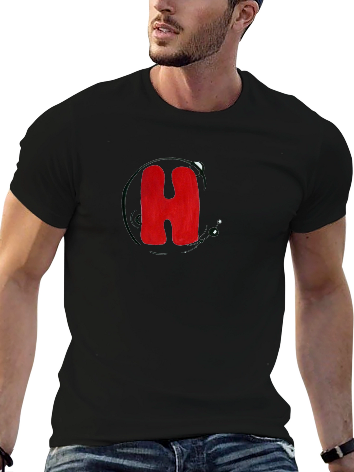 Black T-Shirt with Bold Red H Design