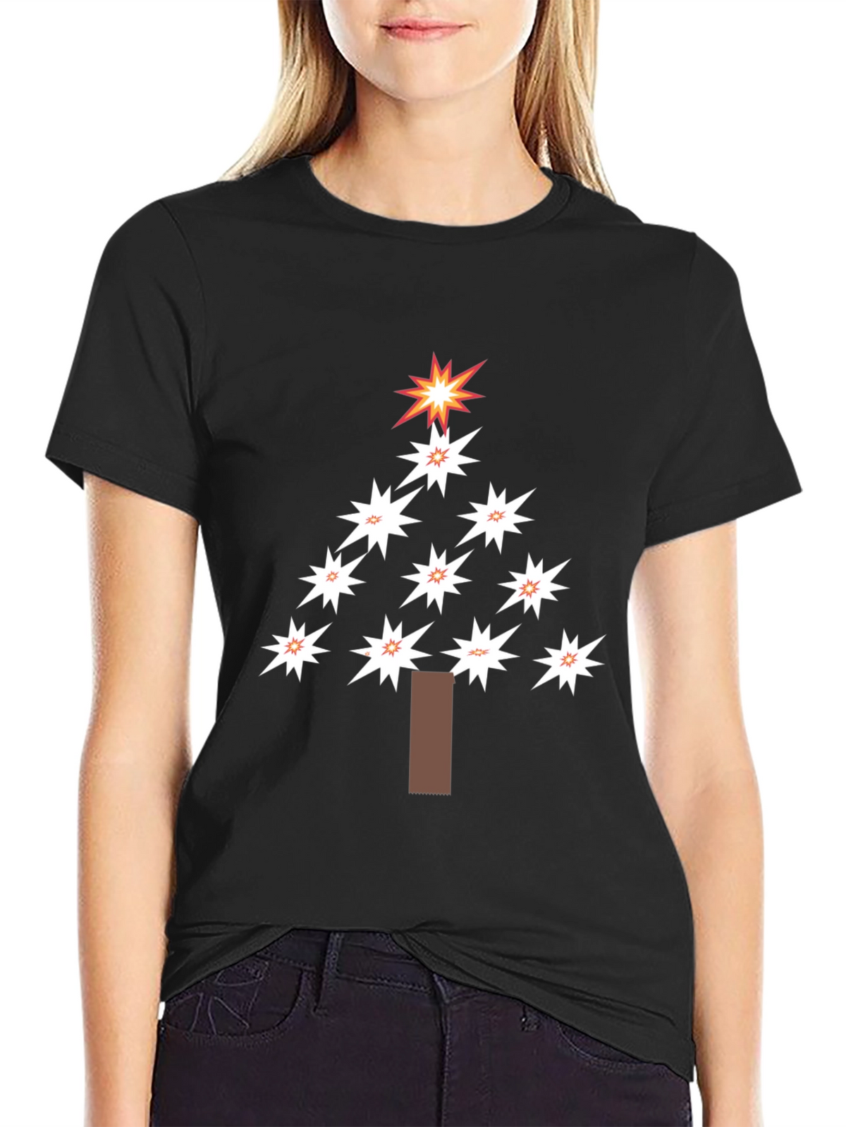 Festive Star Christmas Tree Black T-Shirt