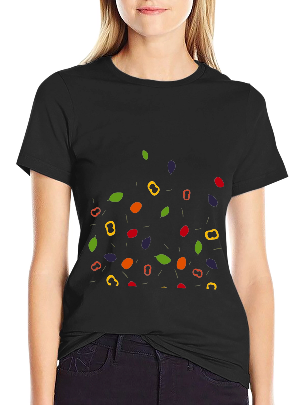 Funky Fruit & Veggie Pattern Black T-Shirt