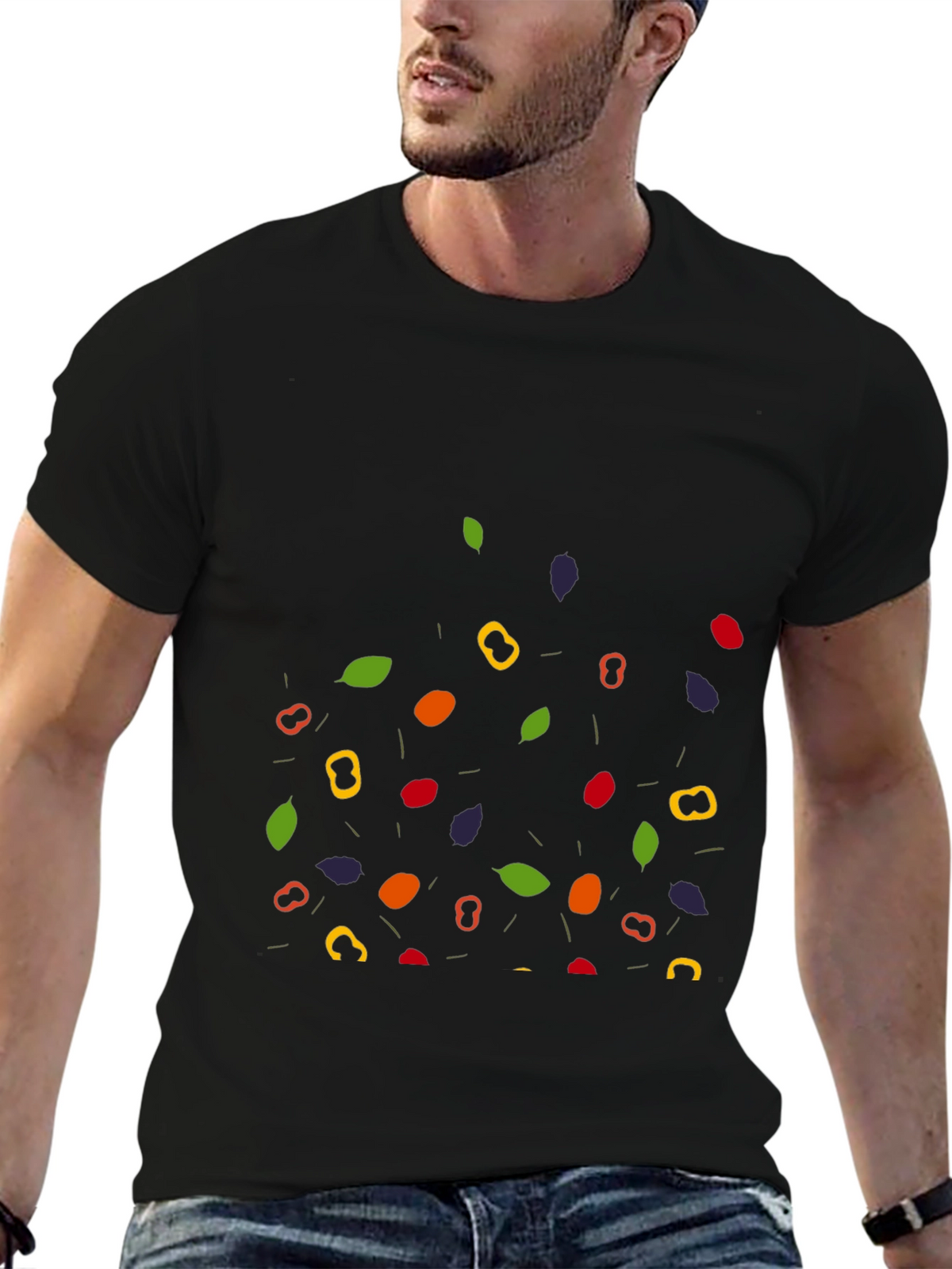 Funky Fruit & Veggie Pattern Black T-Shirt