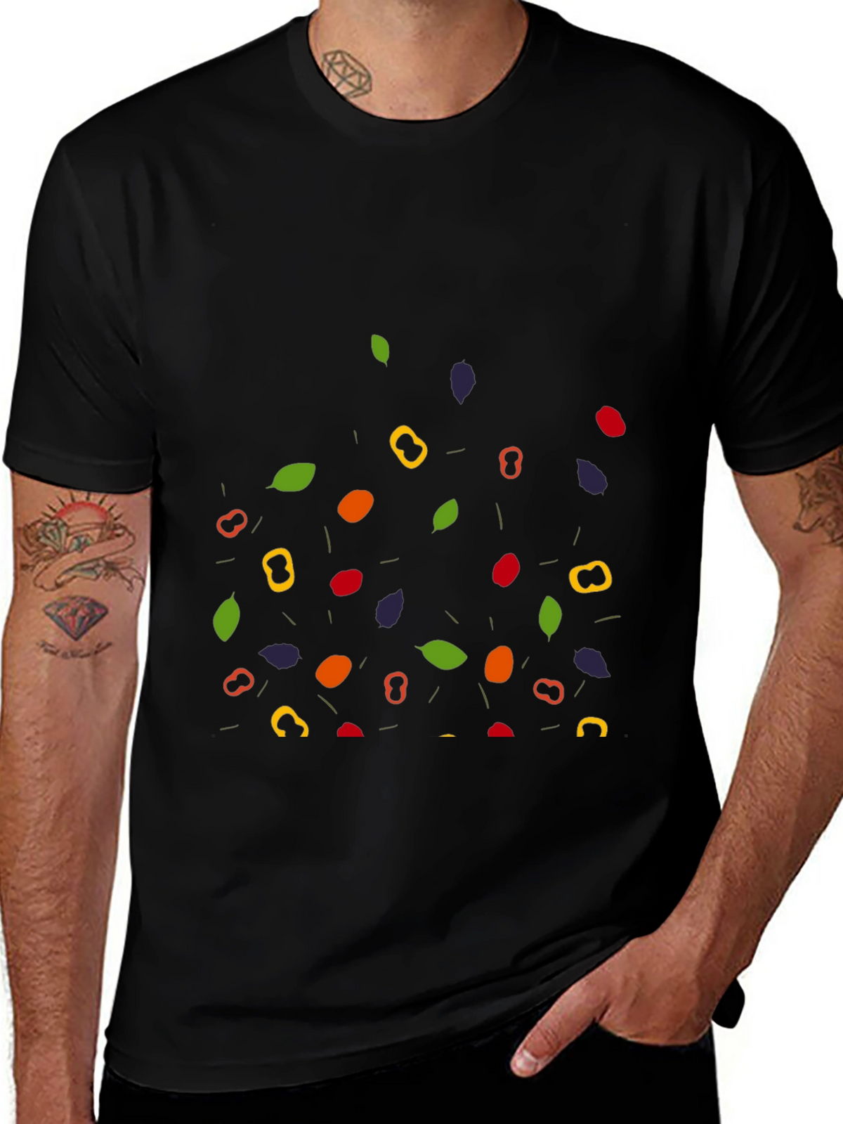 Funky Fruit & Veggie Pattern Black T-Shirt