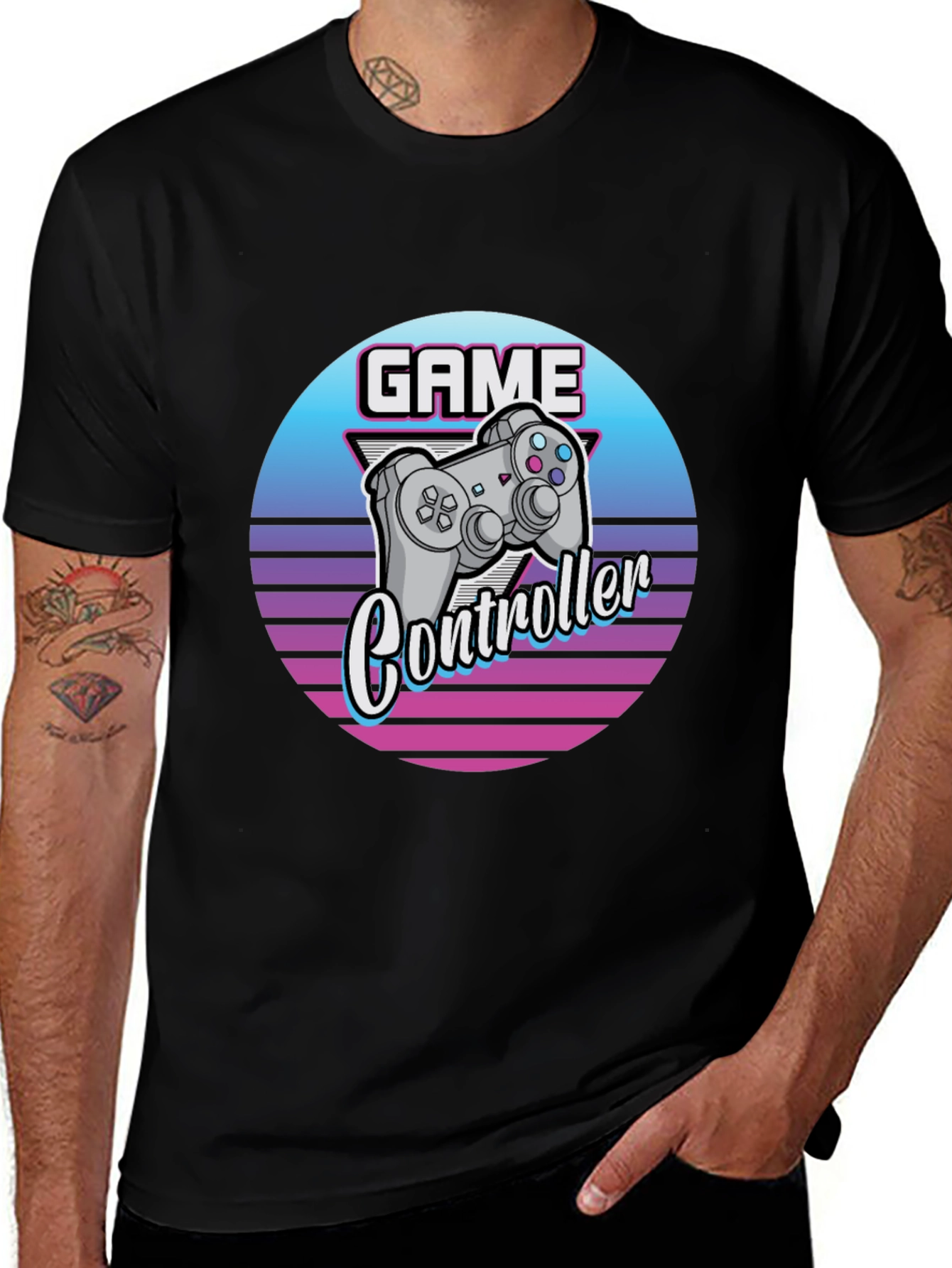 Retro Game Controller Graphic Tee - Black Cotton T-Shirt