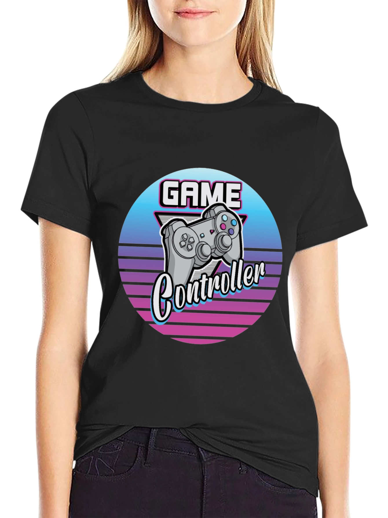 Retro Game Controller Graphic Tee - Black Cotton T-Shirt