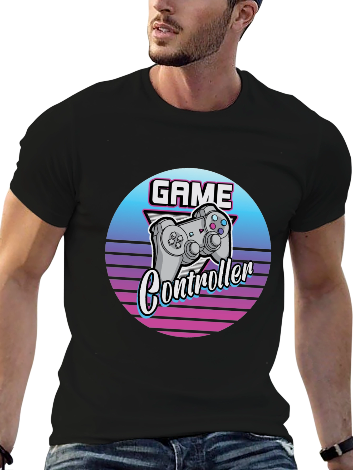 Retro Game Controller Graphic Tee - Black Cotton T-Shirt