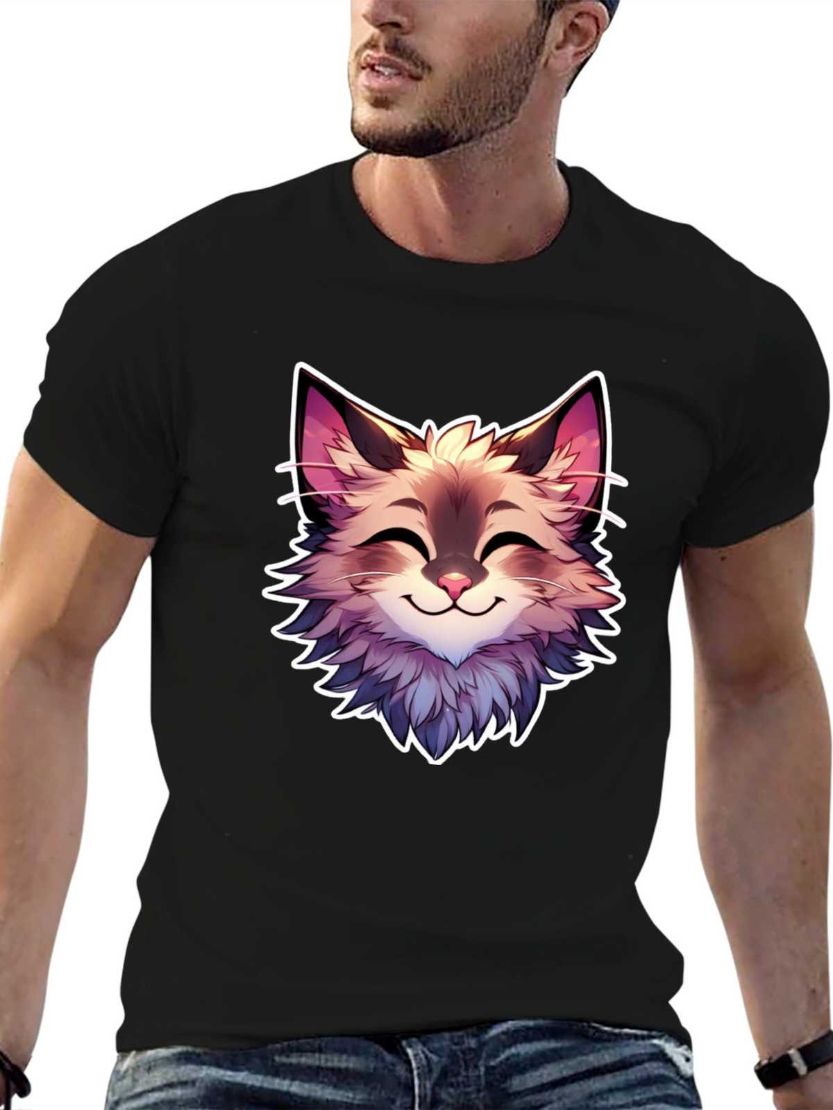 Cute Cartoon Cat Graphic Black T-Shirt