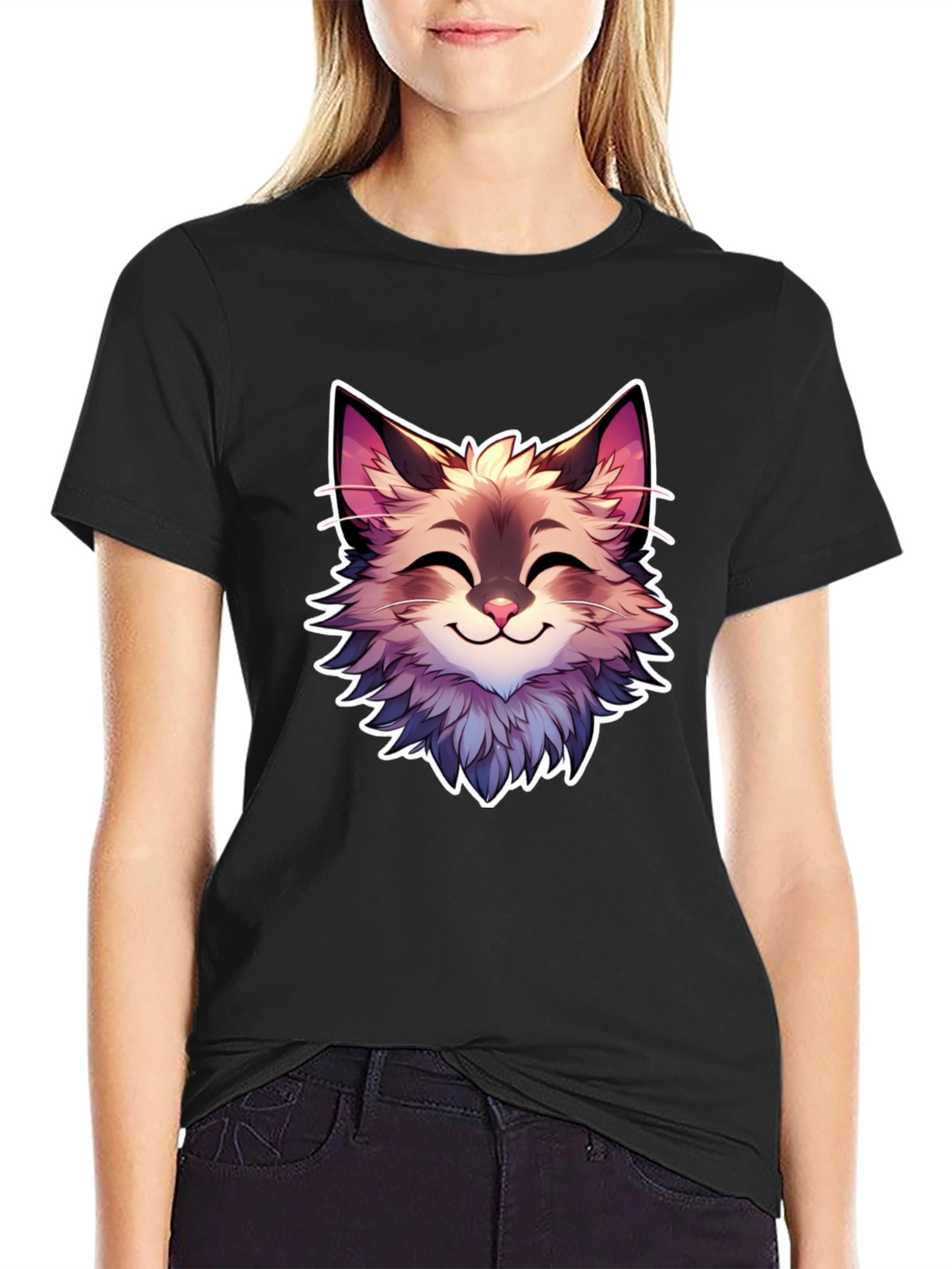 Cute Cartoon Cat Graphic Black T-Shirt