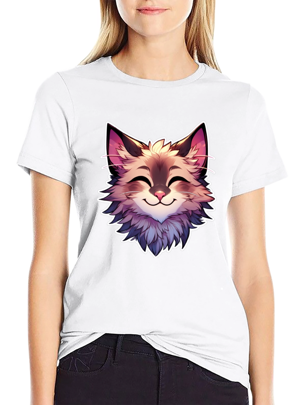 Cute Cartoon Cat Graphic Black T-Shirt