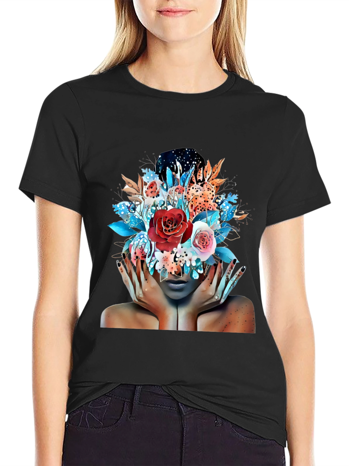 Floral Fantasy Graphic Tee - Artistic Woman Print